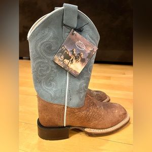 NEW Old West kids square toe boot size 1.5 light blue suede with brown leather